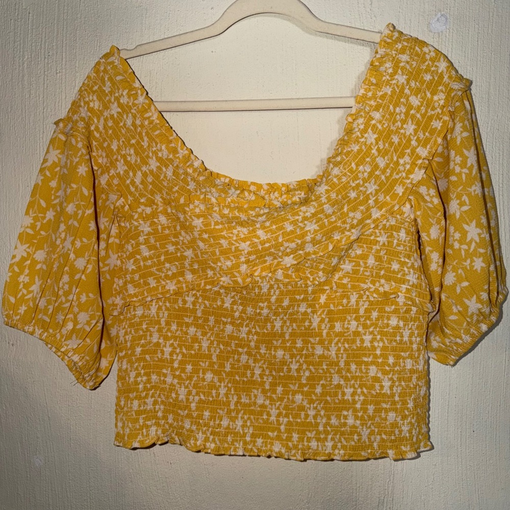 BB Dakota Steve Madden Yellow Floral Smocked Puff Sleeve Crop Top Sz XL Lemon